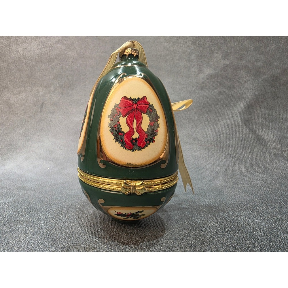 Vintage Musical Egg Christmas Ornament Green Gold Wreath Trinket Box With Box